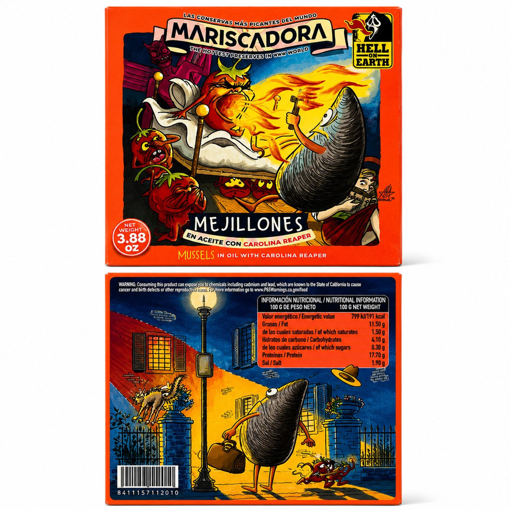 Mejillones Gourmet en aceite con Carolina Reaper 12/16 Mariscadora